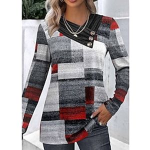 Women's T shirt Tee Plaid Gray Button Print Long Sleeve Daily Weekend Fashion V Neck Regular Fit Spring   Fall Lightinthebox