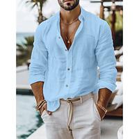 Men's Shirt Linen Shirt Guayabera Shirt Button Up Shirt Summer Shirt Beach Shirt White Blue Gray Long Sleeve Plain Collar Spring Summer Casual Daily Clothing Apparel Lightinthebox