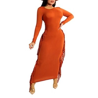 Women's Black Dress Fringe Dress Prom Dress Long Dress Maxi Dress Black Red Orange Long Sleeve Pure Color Tassel Fringe Spring Fall Winter Crew Neck Fashion Winter Dress Christmas Wedding Guest 2023 Lightinthebox