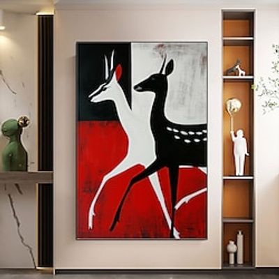 Abstract Roe Deer Painting handmade Black White Red animal deer Canvas painting Wall Art Animal Silhouette painting Wall Art Decor Minimalist Roes Canvas for living room home decor Lightinthebox
