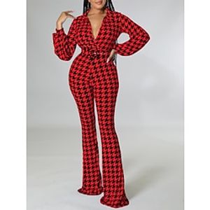 Women's Jumpsuit High Waist Print V Neck Active Daily Christmas Xmas Vacation Slim Long Sleeve Puff Balloon Sleeve Yellow Red S M L Fall miniinthebox