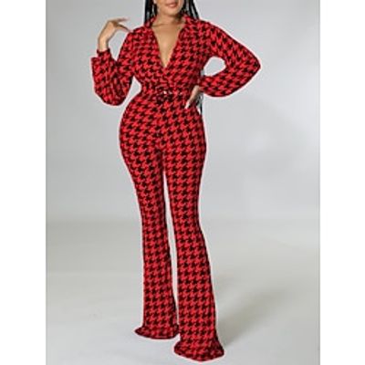 Women's Jumpsuit High Waist Print V Neck Active Daily Christmas Xmas Vacation Slim Long Sleeve Puff Balloon Sleeve Yellow Red S M L Fall miniinthebox