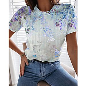 Women's Floral Theme Painting T shirt Floral Animal Print Round Neck Basic Tops Blue miniinthebox