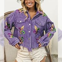 Women's Mardi Gras Carnival Coat Warm Comfortable Going out Button Embroidery Sequin Buttoned Front Turndown Fashion Daily Modern Street Style Embroidery Regular Fit Outerwear Long Sleeve Lightinthebox - thumbnail