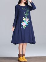 Vintage Women Flower Printed Chinese Frog Long Sleeve Dress