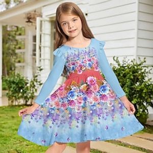Girls' 3D Floral Ruffle Dress Long Sleeve 3D Print Fall Winter Sports  Outdoor Daily Holiday Cute Casual Beautiful Kids 3-12 Years Casual Dress A Line Dress Above Knee Polyester Regular Fit Lightinthebox