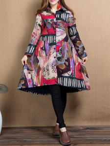 Folk Style Women Printed Lapel High Low Coat