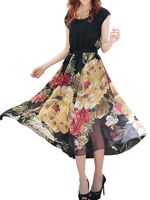 Women Floral Printed Chiffon Elastic Waist Short Sleeve Dresses