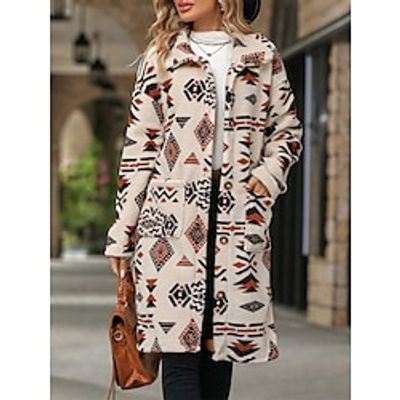 Women's Teddy Coat Fleece Sherpa Jacket Aztec Pattern Long Coat Thermal Warm Fuzzy Winter Coat Windproof Heated Jacket with Pocket Single Breasted Plush Street Outerwear Long Sleeve Fall Camel Army Lightinthebox