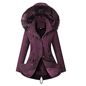 Women's Parka Street Daily Going out Fall Winter Long Coat Regular Fit Warm Breathable Elegant Streetwear Jacket Long Sleeve Solid Color Fur Trim Pocket Lake blue Black Purple Lightinthebox