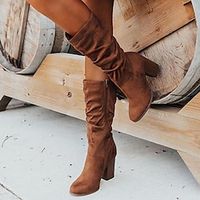 Women's Boots Outdoor Office Daily Slouchy Boots Heel Boots Mid Calf Boots Winter Block Heel Chunky Heel Round Toe Casual Minimalism Walking Shoes Synthetics Zipper Solid Colored Light Brown Lightinthebox - thumbnail