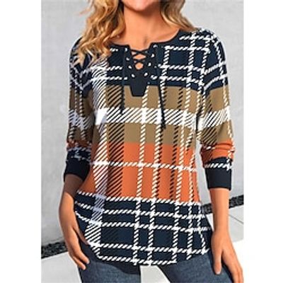 Women's T shirt Tee Orange Plaid Print Long Sleeve Daily Weekend Fashion V Neck Regular Fit Painting Spring   Fall miniinthebox