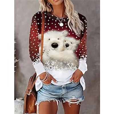 Ugly Christmas Shirt Women's T shirt Tee Animal Polka Dot Wine Print Long Sleeve Christmas Weekend Festival  Holiday Round Neck Regular Fit Spring   Fall Lightinthebox