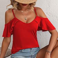 T shirt Tee Women's Red Plain Ruffle Cold Shoulder Street Daily Fashion Regular Fit S Lightinthebox