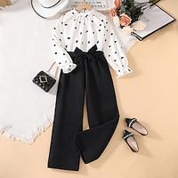 2 Pieces Kids Girls' Polka Dot Tie Knot Pants Suit Set Long Sleeve Active School 7-13 Years Spring White miniinthebox - thumbnail