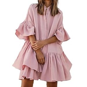 Women's Casual Dress Mini Dress Pink White Short Sleeve Pure Color Ruffle Fall Spring Autumn Shirt Collar Weekend Loose Fit 2022 S M L XL 2XL 3XL Lightinthebox