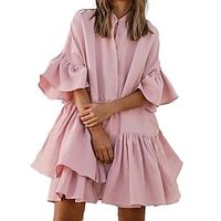 Women's Casual Dress Mini Dress Pink White Short Sleeve Pure Color Ruffle Fall Spring Autumn Shirt Collar Weekend Loose Fit 2022 S M L XL 2XL 3XL Lightinthebox - thumbnail