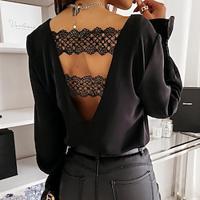 Shirt Blouse Women's Black White Plain Lace Street Daily Fashion V Neck Regular Fit S Lightinthebox