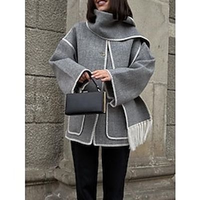 Women's Embroidered Scarf Jacket Pea Coat with Crocheted Edges Thermal Warm Cropped Winter Coat with Patch Pockets Overcoat with Tassels Single Breasted Fall Oversized Black White Blue Gray Beige Lightinthebox