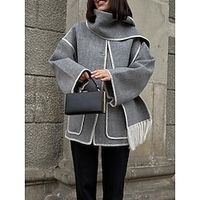 Women's Embroidered Scarf Jacket Pea Coat with Crocheted Edges Thermal Warm Cropped Winter Coat with Patch Pockets Overcoat with Tassels Single Breasted Fall Oversized Black White Blue Gray Beige Lightinthebox - thumbnail
