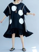 Casual Polka Dot Print Pleated Half Sleeve O-neck Women Dress