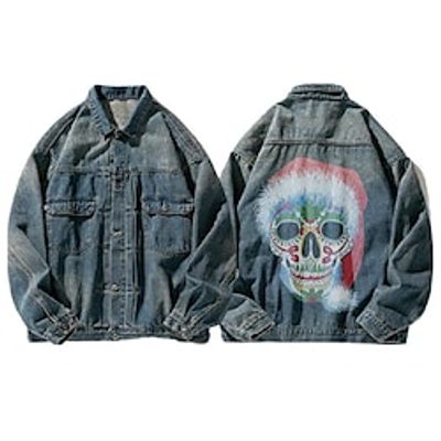 Merry Christmas Skulls Casual Men's Coat Denim Jacket Christmas Sports  Outdoor Going out Fall  Winter Turndown Long Sleeve Black Blue M L XL Denim Jacket Lightinthebox