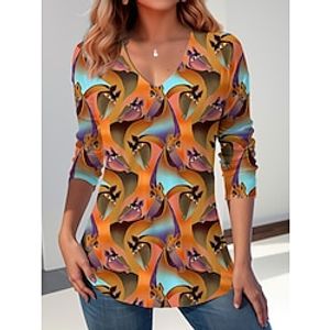 Women's T shirt Tee Graphic Orange Print Long Sleeve Daily Weekend Fashion V Neck Regular Fit Spring   Fall Lightinthebox