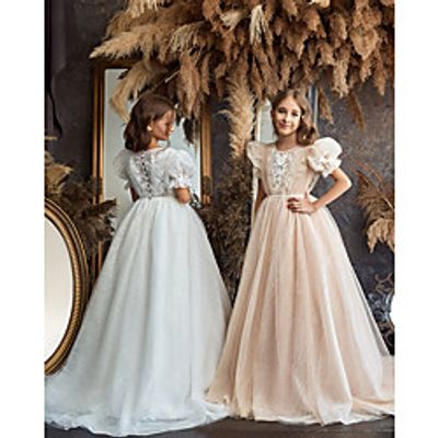 Princess Sweep Brush Train Flower Girl Dresses Party Polyester Short Sleeve Jewel Neck with Lace Lightinthebox Princess Sweep Brush Train Flower Girl Dresses Party Polyester Short Sleeve Jewel Neck with Lace Lightinthebox