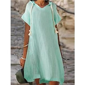 Women's Cotton Linen Dress Casual Dress Midi Dress Cotton And Linen Fashion Modern Outdoor Daily Vacation V Neck Ruched Short Sleeve Summer Spring 2023 Regular Fit Green Plain S M L XL 2XL Lightinthebox