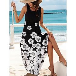 Women's Black Dress Floral Print Crew Neck Long Dress Maxi Dress Romantic Vacation Short Sleeve Summer Lightinthebox