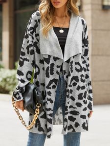 YOINS Grey Leopard Lapel Collar Long Sleeves Cardigan