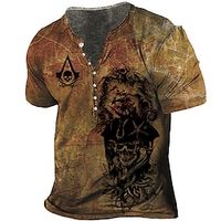 Men's T shirt Tee Henley Shirt Tee 3D Print Graphic Skull Plus Size Henley Daily Sports Button-Down Print Short Sleeve Tops Designer Basic Casual Big and Tall Brown  Summer Lightinthebox - thumbnail