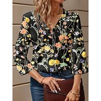 Women's Shirt Blouse Floral Casual Holiday Black Print 3/4 Length Sleeve Fashion V Neck Regular Fit Summer Lightinthebox