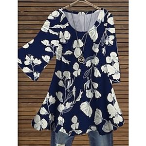 Women's Plus Size Tops Blouse Shirt Floral Print 3/4 Length Sleeve Crewneck Casual Daily Holiday Cotton Spandex Jersey Fall Winter Navy Blue miniinthebox