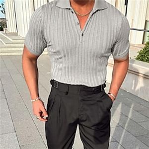 Men's Collar Polo Shirt Knit Polo Sweater Golf Shirt Striped Turndown Gray Street Casual Short Sleeve Button-Down Clothing Apparel Fashion Casual Comfortable  Beach Lightinthebox