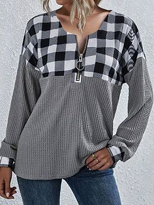 Casual Plaid Stitching Zipper V-Neck Long-Sleeved Sweatershirt
