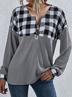 Casual Plaid Stitching Zipper V-Neck Long-Sleeved Sweatershirt - thumbnail