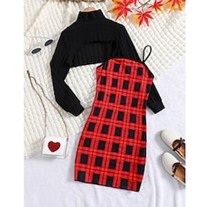 2 Pieces Kids Girls' Plaid Ruched Dress Suits Set Long Sleeve Active School 7-13 Years Spring Red Lightinthebox
