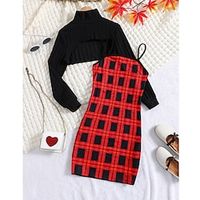 2 Pieces Kids Girls' Plaid Ruched Dress Suits Set Long Sleeve Active School 7-13 Years Spring Red Lightinthebox - thumbnail