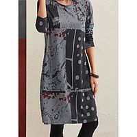 Women's Shift Dress Knee Length Dress Gray Long Sleeve Print Spring Summer Casual  Daily 2021 S M L XL XXL XXXL Lightinthebox - thumbnail