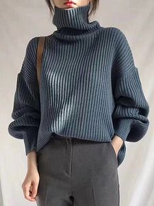 High Collar Plain Loose Fitting Long Sleeve Knit Pullover