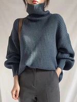 High Collar Plain Loose Fitting Long Sleeve Knit Pullover - thumbnail