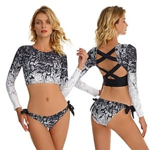 Women's Tankini Two Piece Swimsuit Strappy Back Bathing Suit Swimwear Black UV Sun Protection Ultra Light (UL) Breathable Long Sleeve - Swimming Surfing Water Sports Autumn / Fall Spring / Summer miniinthebox