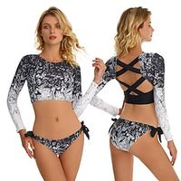 Women's Tankini Two Piece Swimsuit Strappy Back Bathing Suit Swimwear Black UV Sun Protection Ultra Light (UL) Breathable Long Sleeve - Swimming Surfing Water Sports Autumn / Fall Spring / Summer miniinthebox - thumbnail