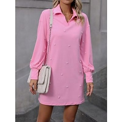 Women's Casual Dress Shift Dress Plain Dress Mini Dress Patchwork Outdoor Daily Going out Fashion Streetwear Shirt Collar Long Sleeve 2023 Regular Fit Pink Color S M L XL XXL Size Lightinthebox
