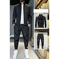 Men's 2 Piece Jogging Suit Street Casual 2pcs Long Sleeve Moisture Wicking Breathable Sweat Out Fitness Running Sportswear Normal Jacket White Black Front Zipper Activewear Inelastic  Athleisure Lightinthebox - thumbnail