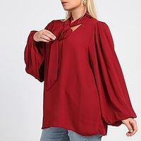 Women's Plus Size Tops Blouse Shirt Plain Bow Long Sleeve Crewneck Streetwear Casual Daily Vacation Polyester Fall Winter Wine miniinthebox - thumbnail