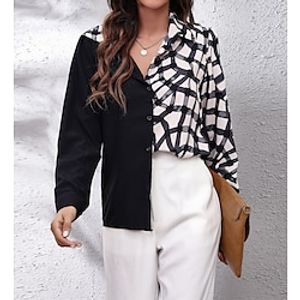 Women's Shirt Blouse Black Dark Gray Plaid Color Block Patchwork Print Long Sleeve Casual Daily Vintage Casual Shirt Collar Geometric S miniinthebox