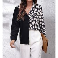 Women's Shirt Blouse Black Dark Gray Plaid Color Block Patchwork Print Long Sleeve Casual Daily Vintage Casual Shirt Collar Geometric S miniinthebox - thumbnail