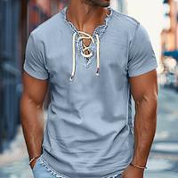 Men's Shirt Summer Shirt Denim Shirt Chambray Shirt Dark Navy Navy Blue Light Blue Short Sleeve Graphic Prints Standing Collar Casual Daily Drawstring Clothing Apparel Fashion Casual Breathable Lightinthebox